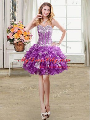 Four Piece Purple Lace Up Quinceanera Dress Beading and Ruffles and Sequins Sleeveless Floor Length