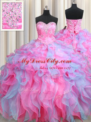 Multi-color Organza Lace Up Sweet 16 Quinceanera Dress Sleeveless Floor Length Beading and Ruffles