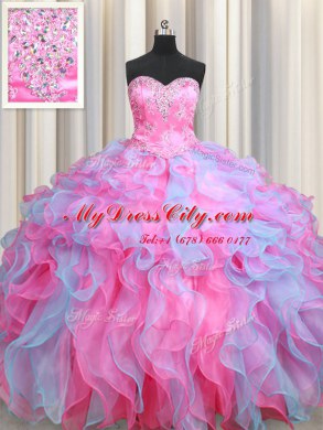 Multi-color Organza Lace Up Sweet 16 Quinceanera Dress Sleeveless Floor Length Beading and Ruffles