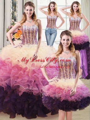 Glamorous Four Piece Sleeveless Floor Length Beading and Ruffles Lace Up Vestidos de Quinceanera with Multi-color