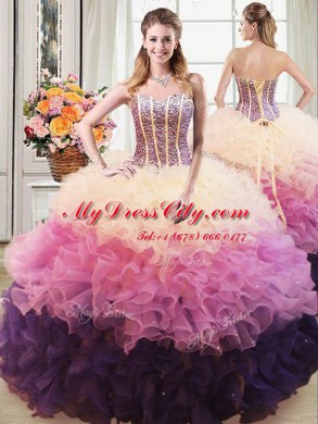 Glamorous Four Piece Sleeveless Floor Length Beading and Ruffles Lace Up Vestidos de Quinceanera with Multi-color