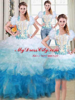 Discount Three Piece Multi-color Ball Gowns Sweetheart Sleeveless Organza Floor Length Lace Up Beading and Appliques Quinceanera Dress
