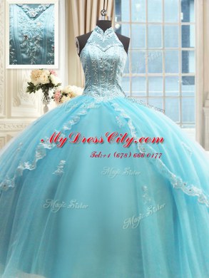 Aqua Blue Ball Gowns Tulle Halter Top Sleeveless Beading and Lace and Appliques Floor Length Lace Up Sweet 16 Quinceanera Dress