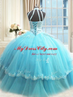 Aqua Blue Ball Gowns Tulle Halter Top Sleeveless Beading and Lace and Appliques Floor Length Lace Up Sweet 16 Quinceanera Dress