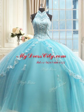 Aqua Blue Ball Gowns Tulle Halter Top Sleeveless Beading and Lace and Appliques Floor Length Lace Up Sweet 16 Quinceanera Dress