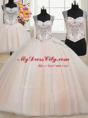 Three Piece Straps Pink Sleeveless Beading Floor Length Sweet 16 Dresses