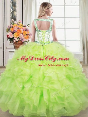 Sumptuous Straps Floor Length Yellow Green Ball Gown Prom Dress Organza Sleeveless Beading and Lace and Ruffles