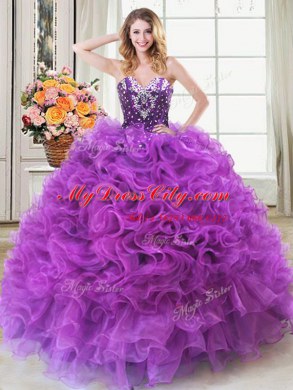 Adorable Eggplant Purple Organza Lace Up Sweetheart Sleeveless Floor Length Ball Gown Prom Dress Beading and Ruffles