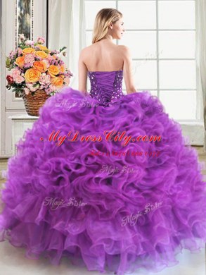 Adorable Eggplant Purple Organza Lace Up Sweetheart Sleeveless Floor Length Ball Gown Prom Dress Beading and Ruffles