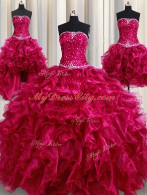 Four Piece Burgundy Sleeveless Beading and Ruffles Floor Length Sweet 16 Quinceanera Dress