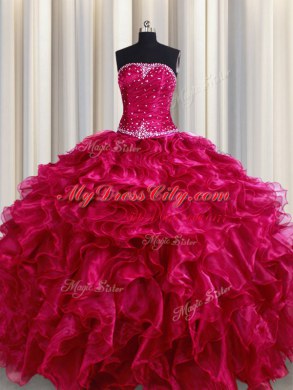 Four Piece Burgundy Sleeveless Beading and Ruffles Floor Length Sweet 16 Quinceanera Dress