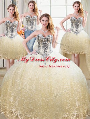 Four Piece Floor Length Champagne Sweet 16 Dresses Tulle and Lace Sleeveless Beading and Lace