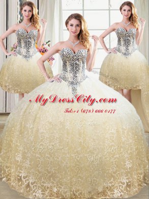 Four Piece Floor Length Champagne Sweet 16 Dresses Tulle and Lace Sleeveless Beading and Lace