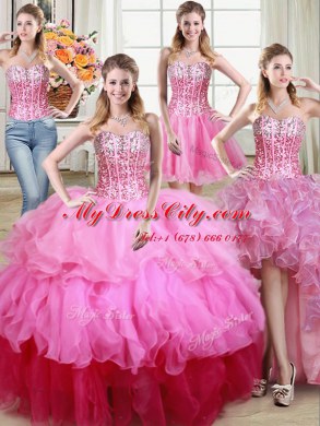Best Four Piece Multi-color Lace Up Ball Gown Prom Dress Ruffles and Sequins Sleeveless Floor Length