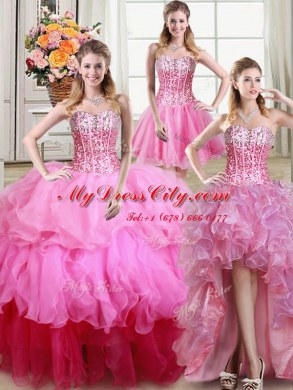 Best Four Piece Multi-color Lace Up Ball Gown Prom Dress Ruffles and Sequins Sleeveless Floor Length