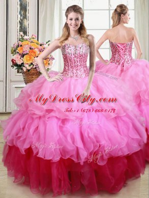 Best Four Piece Multi-color Lace Up Ball Gown Prom Dress Ruffles and Sequins Sleeveless Floor Length