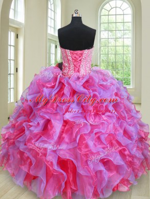 Inexpensive Three Piece Multi-color Ball Gowns Beading and Ruffles 15 Quinceanera Dress Lace Up Organza Sleeveless Floor Length