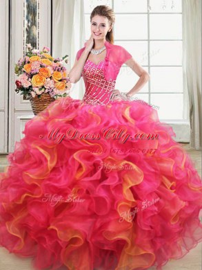 Fantastic Multi-color Ball Gowns Organza Sweetheart Sleeveless Beading and Ruffles Floor Length Lace Up Quince Ball Gowns