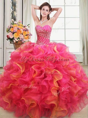 Fantastic Multi-color Ball Gowns Organza Sweetheart Sleeveless Beading and Ruffles Floor Length Lace Up Quince Ball Gowns