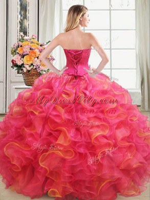 Fantastic Multi-color Ball Gowns Organza Sweetheart Sleeveless Beading and Ruffles Floor Length Lace Up Quince Ball Gowns