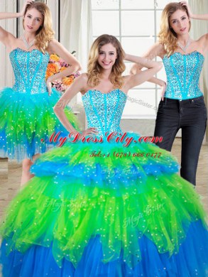Three Piece Multi-color Quinceanera Gowns Military Ball and Sweet 16 and Quinceanera and For with Beading and Ruffled Layers Sweetheart Sleeveless Lace Up