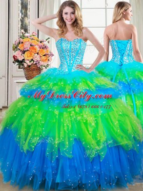 Three Piece Multi-color Quinceanera Gowns Military Ball and Sweet 16 and Quinceanera and For with Beading and Ruffled Layers Sweetheart Sleeveless Lace Up