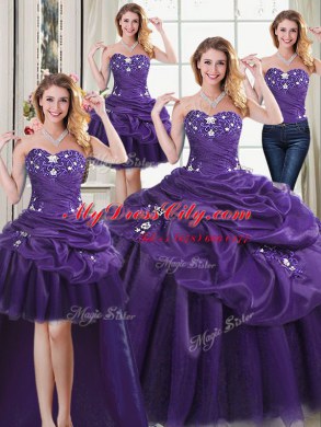Four Piece Pick Ups Ball Gowns Quinceanera Dresses Purple Sweetheart Organza Sleeveless Floor Length Lace Up