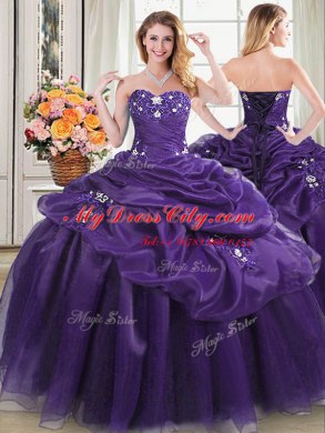 Four Piece Pick Ups Ball Gowns Quinceanera Dresses Purple Sweetheart Organza Sleeveless Floor Length Lace Up