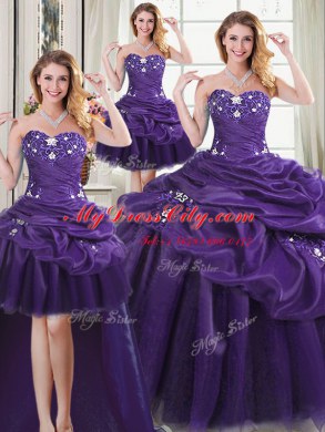 Four Piece Pick Ups Ball Gowns Quinceanera Dresses Purple Sweetheart Organza Sleeveless Floor Length Lace Up