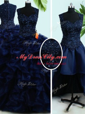 Most Popular Four Piece Straps Sleeveless Organza Quinceanera Dress Beading and Ruffles Zipper