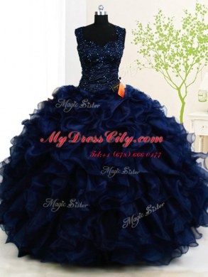 Most Popular Four Piece Straps Sleeveless Organza Quinceanera Dress Beading and Ruffles Zipper