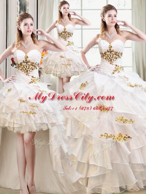 Unique Four Piece Sweetheart Sleeveless Organza Quinceanera Dresses Beading and Ruffles Lace Up