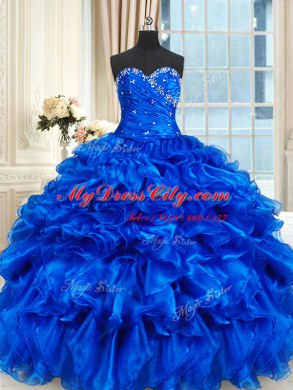 Four Piece Floor Length Ball Gowns Sleeveless Royal Blue Quince Ball Gowns Lace Up