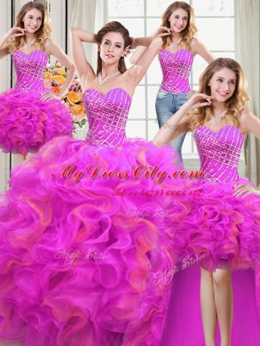 Four Piece Sleeveless Organza Floor Length Lace Up Sweet 16 Dress in Multi-color with Beading and Ruffles