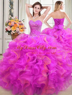 Four Piece Sleeveless Organza Floor Length Lace Up Sweet 16 Dress in Multi-color with Beading and Ruffles