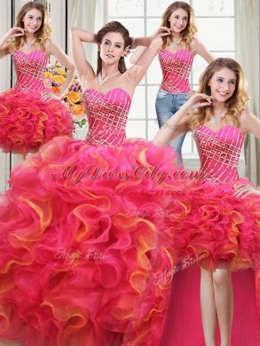 Four Piece Sleeveless Lace Up Floor Length Beading and Ruffles Quinceanera Dresses