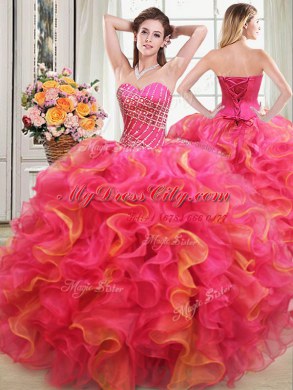 Four Piece Sleeveless Lace Up Floor Length Beading and Ruffles Quinceanera Dresses