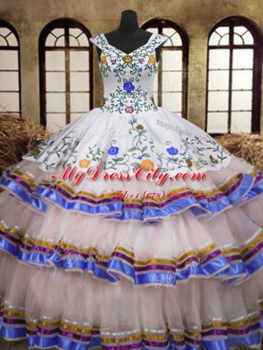 Modest Straps White Organza and Taffeta Lace Up Quinceanera Gowns Sleeveless Floor Length Embroidery and Ruffled Layers