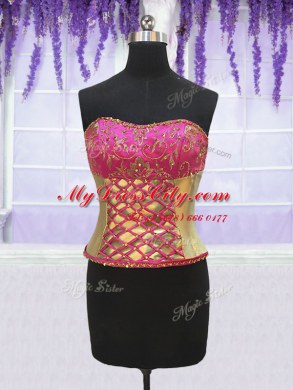 Glorious Four Piece Sleeveless With Train Beading and Lace and Ruffles Lace Up Quinceanera Gowns with Hot Pink and Gold Brush Train