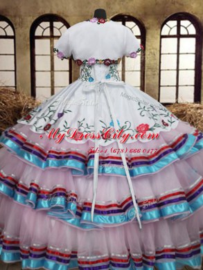 Straps Sleeveless Floor Length Embroidery and Ruffled Layers Lace Up Ball Gown Prom Dress with White