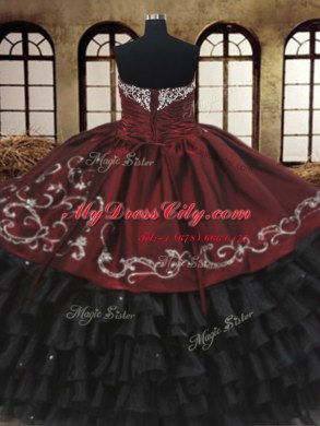Floor Length Lace Up 15 Quinceanera Dress Red And Black for Military Ball and Sweet 16 and Quinceanera with Beading and Embroidery and Ruffled Layers
