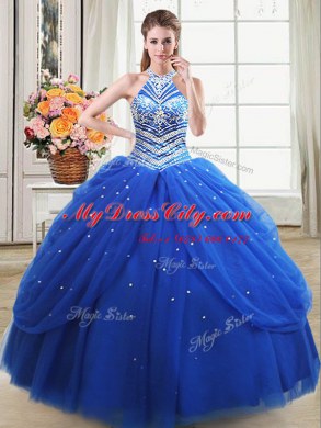 Best Royal Blue Tulle Lace Up Halter Top Sleeveless Floor Length Quinceanera Gowns Beading and Pick Ups