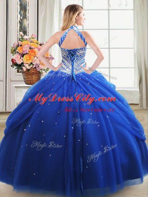 Best Royal Blue Tulle Lace Up Halter Top Sleeveless Floor Length Quinceanera Gowns Beading and Pick Ups