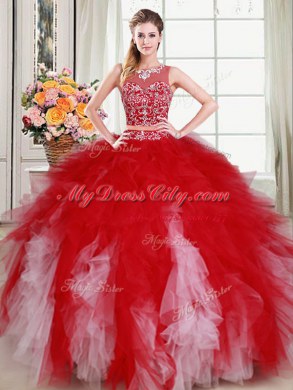 Discount White and Red 15th Birthday Dress Military Ball and Sweet 16 and Quinceanera and For with Beading and Ruffles Scoop Sleeveless Zipper