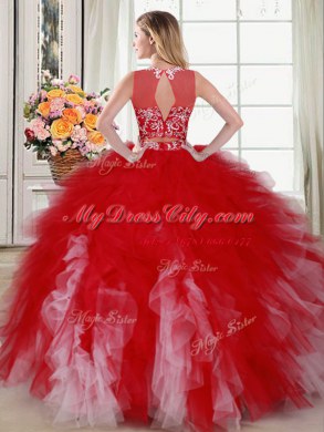 Discount White and Red 15th Birthday Dress Military Ball and Sweet 16 and Quinceanera and For with Beading and Ruffles Scoop Sleeveless Zipper