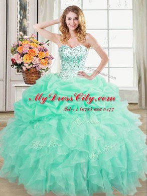Great Apple Green Organza Lace Up Sweet 16 Quinceanera Dress Sleeveless Floor Length Beading and Ruffles and Pick Ups