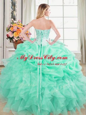Great Apple Green Organza Lace Up Sweet 16 Quinceanera Dress Sleeveless Floor Length Beading and Ruffles and Pick Ups