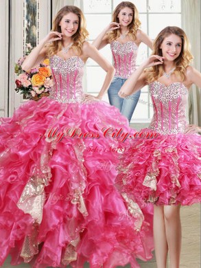 Three Piece Sweetheart Sleeveless Organza Quinceanera Gowns Beading and Ruffles and Sequins Lace Up