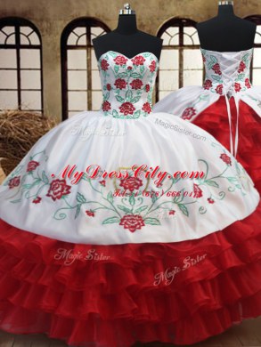 Most Popular White and Red Quinceanera Dresses Military Ball and Sweet 16 and Quinceanera and For with Embroidery and Ruffled Layers Sweetheart Sleeveless Lace Up