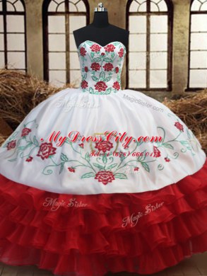 Most Popular White and Red Quinceanera Dresses Military Ball and Sweet 16 and Quinceanera and For with Embroidery and Ruffled Layers Sweetheart Sleeveless Lace Up